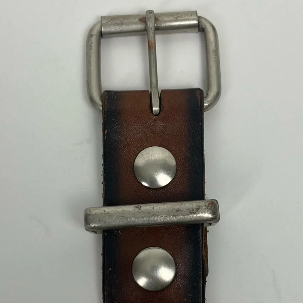 Brown tooled leather belt, unisex, approximately 34” see measurements in photos.